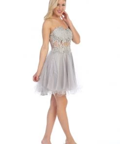 Prom Short Strapless Dress With Sheer Applique Bodice By Celavie 5013