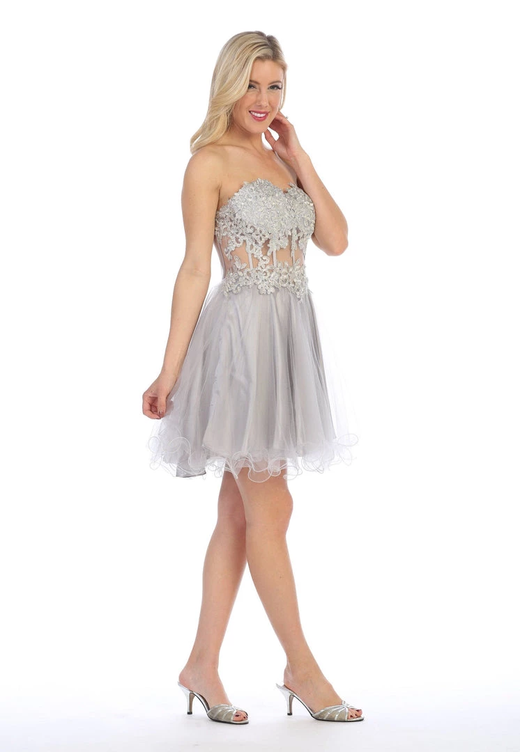 Prom Short Strapless Dress With Sheer Applique Bodice By Celavie 5013 4 Prom Short Strapless Dress With Sheer Applique Bodice By Celavie 5013