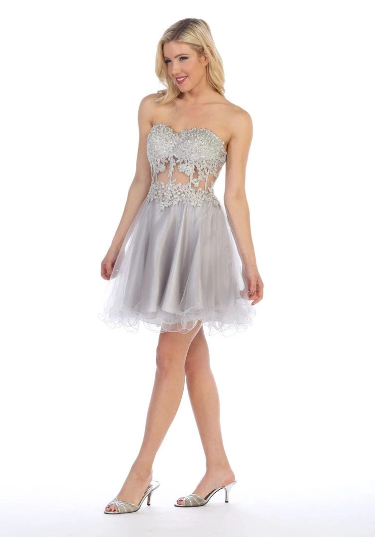 Prom Short Strapless Dress With Sheer Applique Bodice By Celavie 5013 5 Prom Short Strapless Dress With Sheer Applique Bodice By Celavie 5013