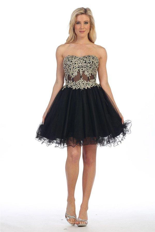 Prom Short Strapless Dress With Sheer Applique Bodice By Celavie 5013 7 Prom Short Strapless Dress With Sheer Applique Bodice By Celavie 5013