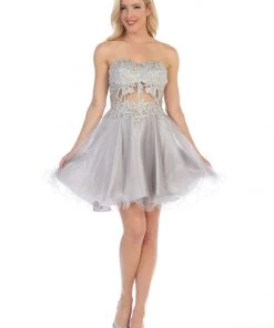 Prom Short Strapless Dress With Sheer Applique Bodice By Celavie 5013