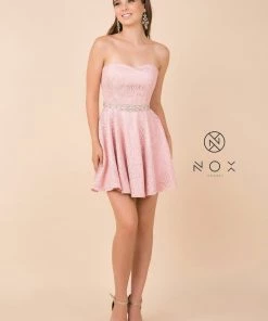 Short Strapless Lace Dress With Beaded Waist By Nox Anabel 6358