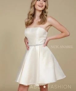 Short Strapless Satin Dress With Pockets By Nox Anabel Y661 Prom