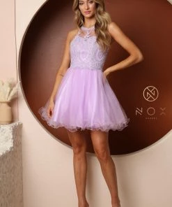 Short Tulle Dress With Embroidered Applique Bodice By Nox Anabel B652