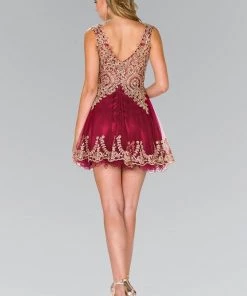 Short Tulle Dress With Gold Lace Applique By Elizabeth K GS2403 Prom