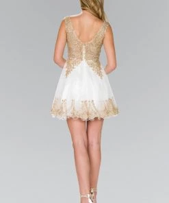 Short Tulle Dress With Gold Lace Applique By Elizabeth K GS2403 Prom