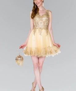 Short Tulle Dress With Gold Lace Applique By Elizabeth K GS2403 Prom
