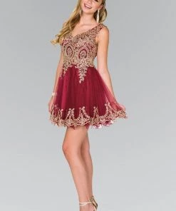 Short Tulle Dress With Gold Lace Applique By Elizabeth K GS2403 Prom