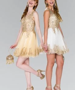 Short Tulle Dress With Gold Lace Applique By Elizabeth K GS2403 Prom