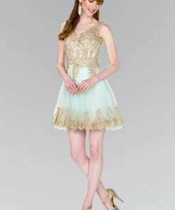 Short Tulle Dress With Gold Lace Applique By Elizabeth K GS2403 Prom