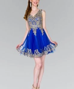 Short Tulle Dress With Gold Lace Applique By Elizabeth K GS2403 Prom