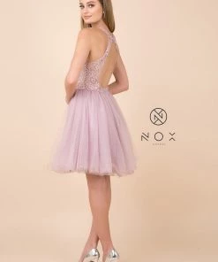 Short Tulle Dress With Halter Lace Bodice By Nox Anabel E696 Prom