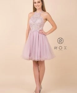 Short Tulle Dress With Halter Lace Bodice By Nox Anabel E696 Prom