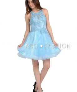 Prom Short Tulle Dress With Lace Applique Bodice By Poly USA 8074