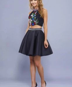 Short Two Piece Dress With Floral Crop Top By Nox Anabel 6303 Prom