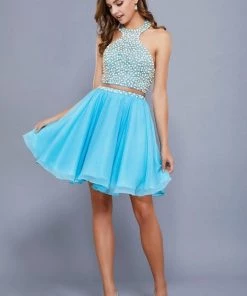 Short Two Piece Halter Dress With Beaded Top By Nox Anabel 6257 Prom