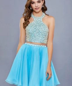 Short Two Piece Halter Dress With Beaded Top By Nox Anabel 6257 Prom
