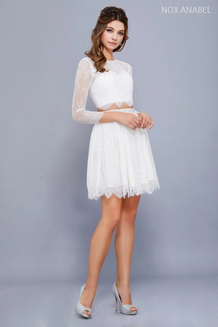 Short Two Piece Lace Dress With Long Sleeves By Nox Anabel 6268 Prom 5 Short Two Piece Lace Dress With Long Sleeves By Nox Anabel 6268 Prom
