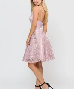 Short V-Neck Dress With A-line Lace Skirt By Poly USA 8418 Prom