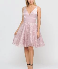 Short V-Neck Dress With A-line Lace Skirt By Poly USA 8418 Prom