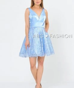 Short V-Neck Dress With A-line Lace Skirt By Poly USA 8418 Prom