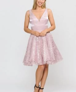 Short V-Neck Dress With A-line Lace Skirt By Poly USA 8418 Prom