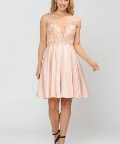 Prom Short V-Neck Dress With Appliqued Top By Poly USA 8370