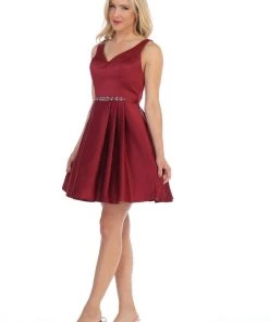 Short V-Neck Dress With Box Pleated Skirt By Celavie 5018 Prom