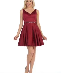 Short V-Neck Dress With Box Pleated Skirt By Celavie 5018 Prom