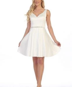 Short V-Neck Dress With Box Pleated Skirt By Celavie 5018 Prom