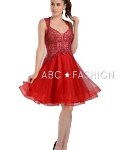 Short V-Neck Dress With Embroidered Bodice By Poly USA 8072