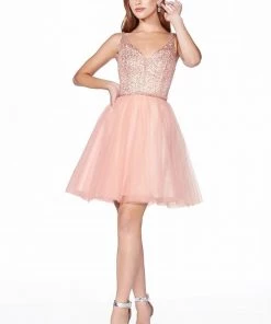 Short V-Neck Glitter Dress By Cinderella Divine CD0149