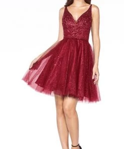 Short V-Neck Glitter Dress By Cinderella Divine CD0149