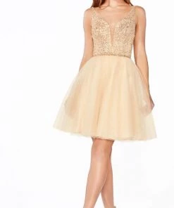 Short V-Neck Glitter Dress By Cinderella Divine CD0149