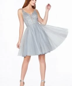 Short V-Neck Glitter Dress By Cinderella Divine CD0149