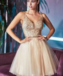 Short V-Neck Glitter Dress By Cinderella Divine CD0149