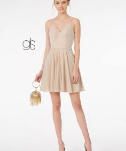 Short V-Neck Glitter Dress With Pockets By Elizabeth K GS2837