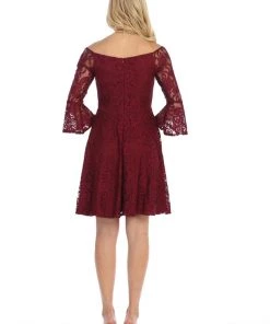 Prom Short V-Neck Lace Dress With Bell Sleeves By Celavie 6321 10 Prom Short V-Neck Lace Dress With Bell Sleeves By Celavie 6321