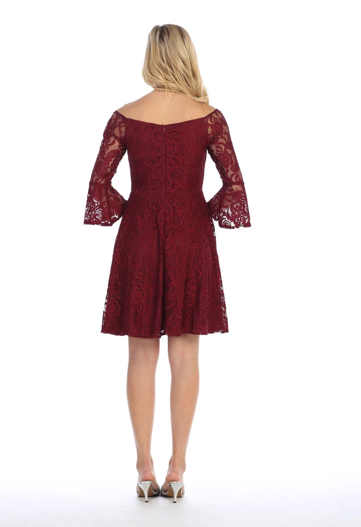 Prom Short V-Neck Lace Dress With Bell Sleeves By Celavie 6321 4 Prom Short V-Neck Lace Dress With Bell Sleeves By Celavie 6321