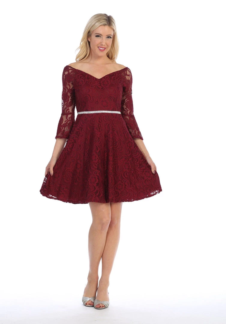 Prom Short V-Neck Lace Dress With Bell Sleeves By Celavie 6321 6 Prom Short V-Neck Lace Dress With Bell Sleeves By Celavie 6321