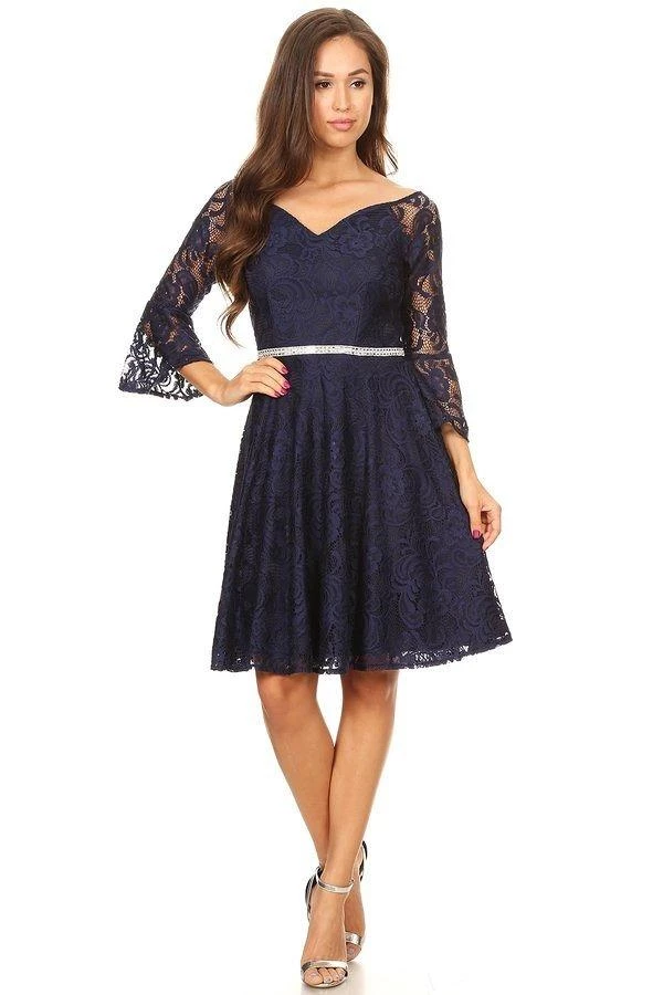 Prom Short V-Neck Lace Dress With Bell Sleeves By Celavie 6321 7 Prom Short V-Neck Lace Dress With Bell Sleeves By Celavie 6321
