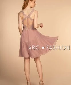 Short V-Neck Pink Dress With Embellished Top By Elizabeth K GS1619