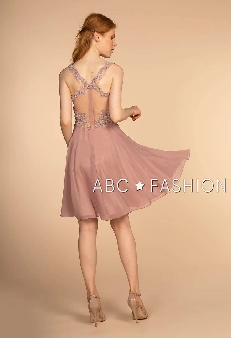 Short V-Neck Pink Dress With Embellished Top By Elizabeth K GS1619 4 Short V-Neck Pink Dress With Embellished Top By Elizabeth K GS1619