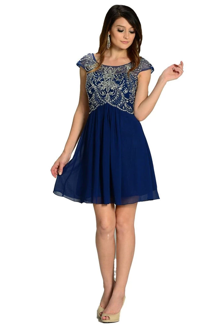 Prom Short White Cap Sleeve Dress With Jeweled Bodice By Poly USA 9 Prom Short White Cap Sleeve Dress With Jeweled Bodice By Poly USA