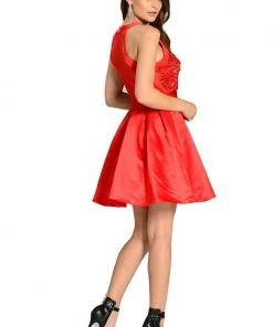 Short White Satin Skater Dress With Beaded Bodice By Poly USA Prom