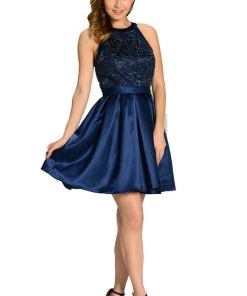 Short White Satin Skater Dress With Beaded Bodice By Poly USA Prom