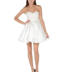 Short White Strapless Dress With Lace Bodice By Poly USA Prom