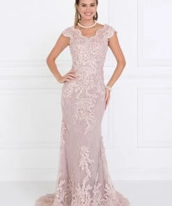 Prom Silver Cap Sleeve Lace Mermaid Gown By Elizabeth K GL1540