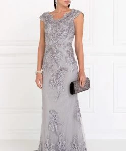Prom Silver Cap Sleeve Lace Mermaid Gown By Elizabeth K GL1540