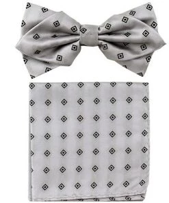 Vesuvio Napoli Men Silver Diamond Pattern Bow Tie With Pocket Square (Pointed Tip)